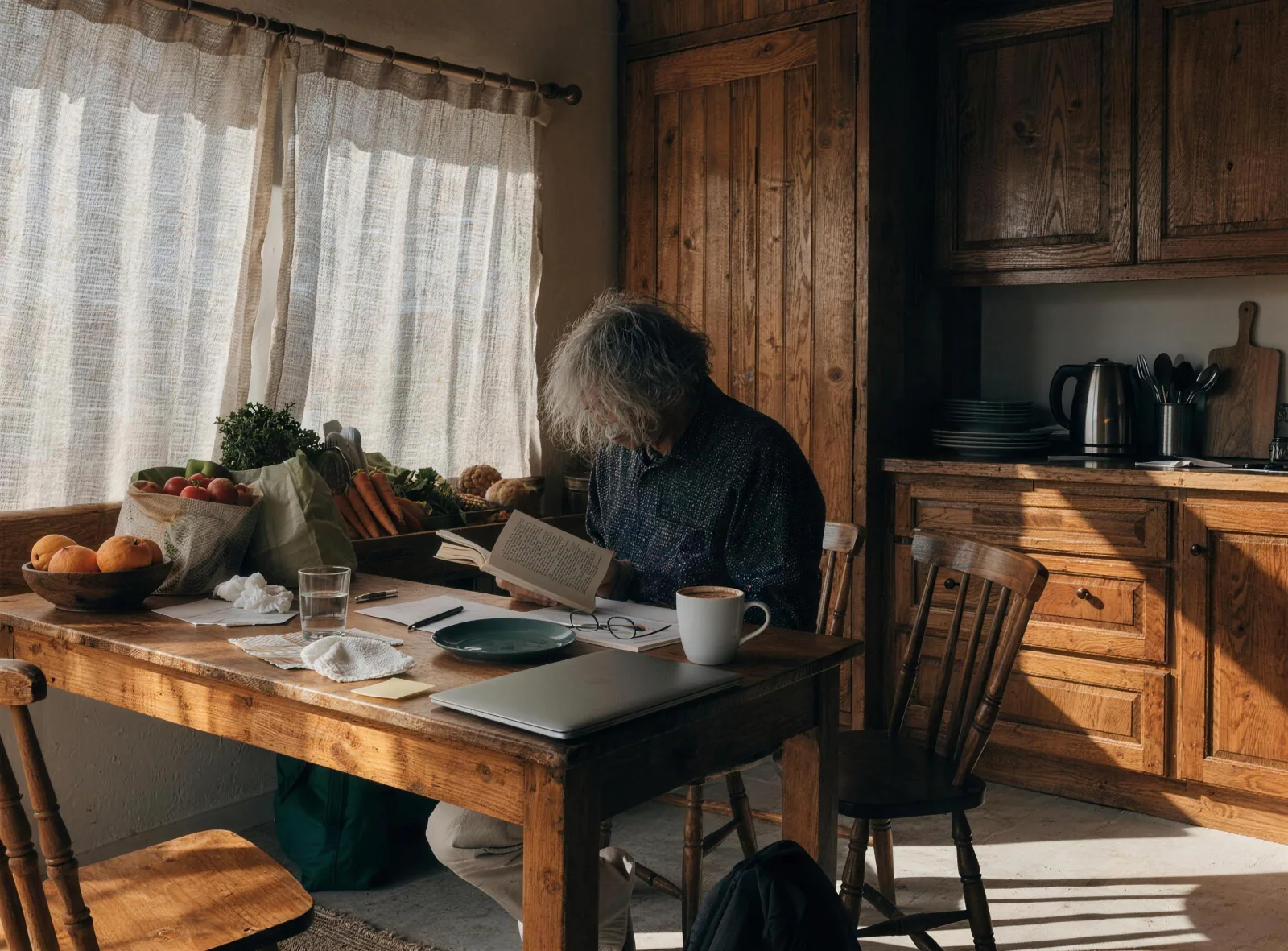 Gray-haired man reading at a sunlit cottage kitchen table with groceries and a closed laptop