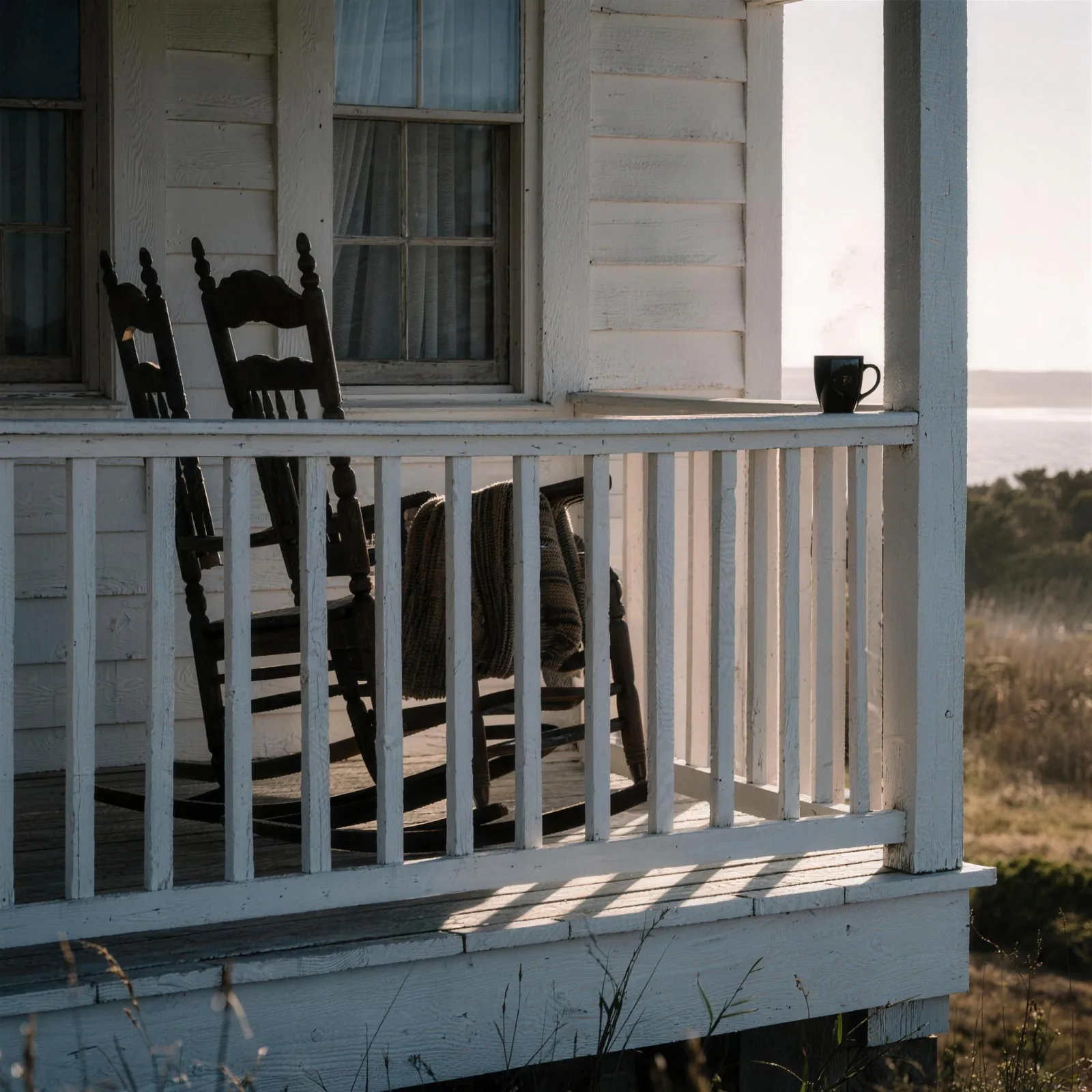 Two rocking chairs and a steaming mug on a white cottage porch in low winter light