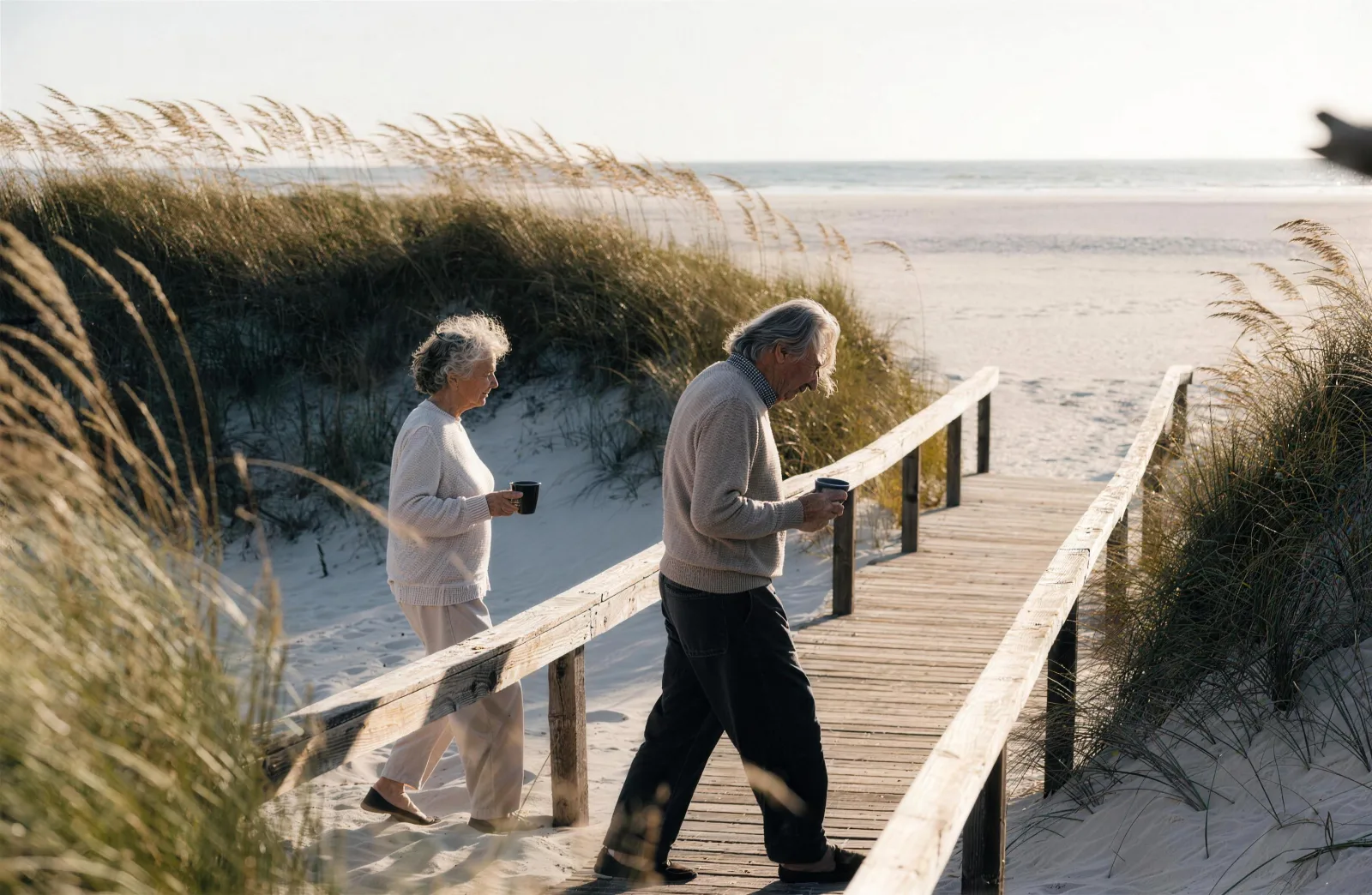Older couple carrying coffee mugs down a dune boardwalk to an empty winter beach